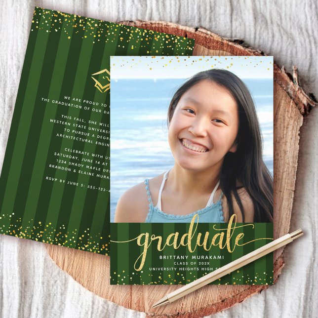 Green stripes graduation photo gold glitter script announcement (Creator Uploaded)