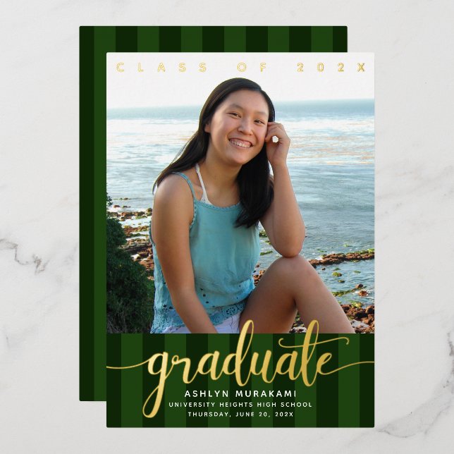 Green stripes graduation photo script real gold (Front/Back)