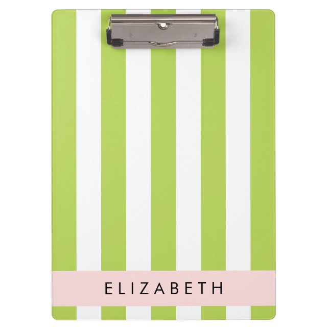 Green Stripes, Lines, Striped Pattern, Your Name Clipboard (Front)
