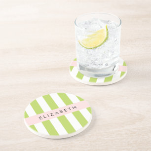 Green Stripes, Lines, Striped Pattern, Your Name Coaster
