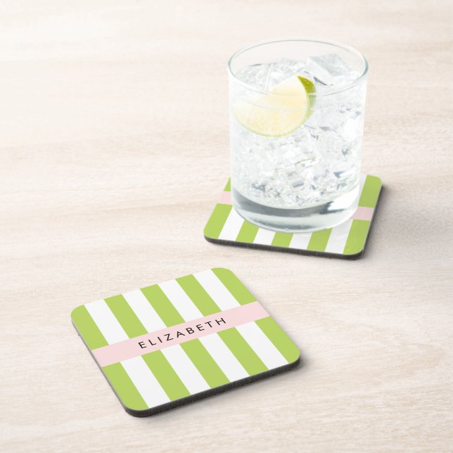 Green Stripes, Lines, Striped Pattern, Your Name Coaster (Right Side)