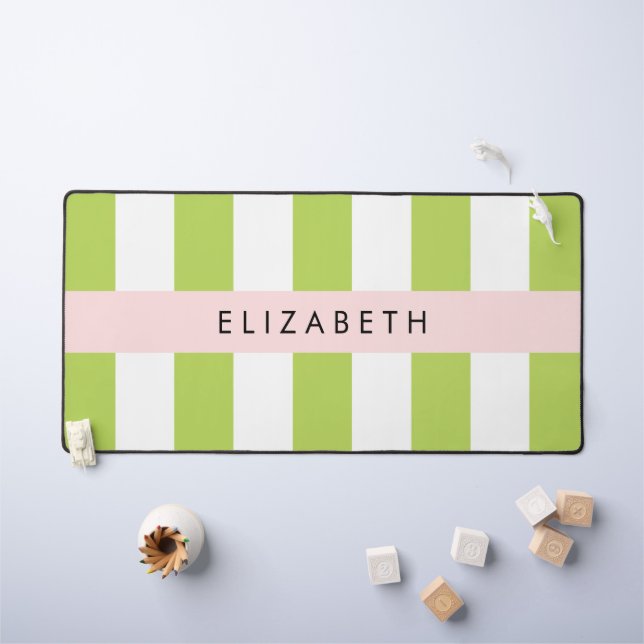 Green Stripes, Lines, Striped Pattern, Your Name Desk Mat (Kids Table)