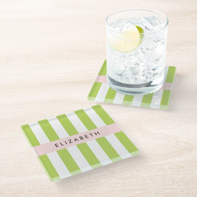 Green Stripes, Lines, Striped Pattern, Your Name Glass Coaster (Angled)