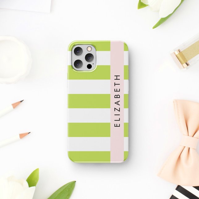 Green Stripes, Lines, Striped Pattern, Your Name iPhone 16 Case (Creator Uploaded)