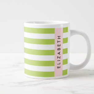Green Stripes, Lines, Striped Pattern, Your Name Large Coffee Mug