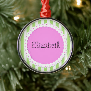 Green Stripes, Lines, Striped Pattern, Your Name Metal Tree Decoration