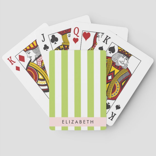 Green Stripes, Lines, Striped Pattern, Your Name Playing Cards (Back)