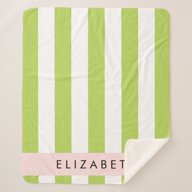 Green Stripes, Lines, Striped Pattern, Your Name Sherpa Blanket (Front)