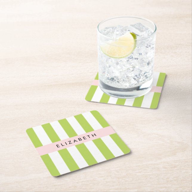 Green Stripes, Lines, Striped Pattern, Your Name Square Paper Coaster (Insitu)