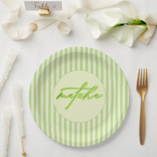 Green Stripes Matcha Scripted Baby Shower Paper Plate