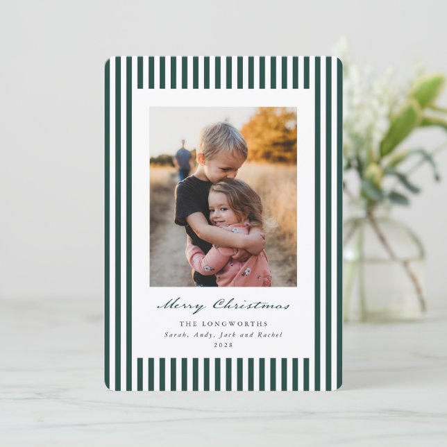 Green Stripes Merry Christmas Flat Photo Holiday Card (Standing Front)