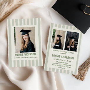 Green Stripes Minimalist Photo Graduation Party Invitation