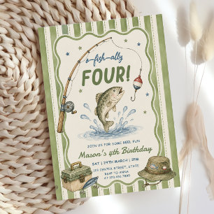 Green Stripes O-Fish-Ally Four Birthday Invitation