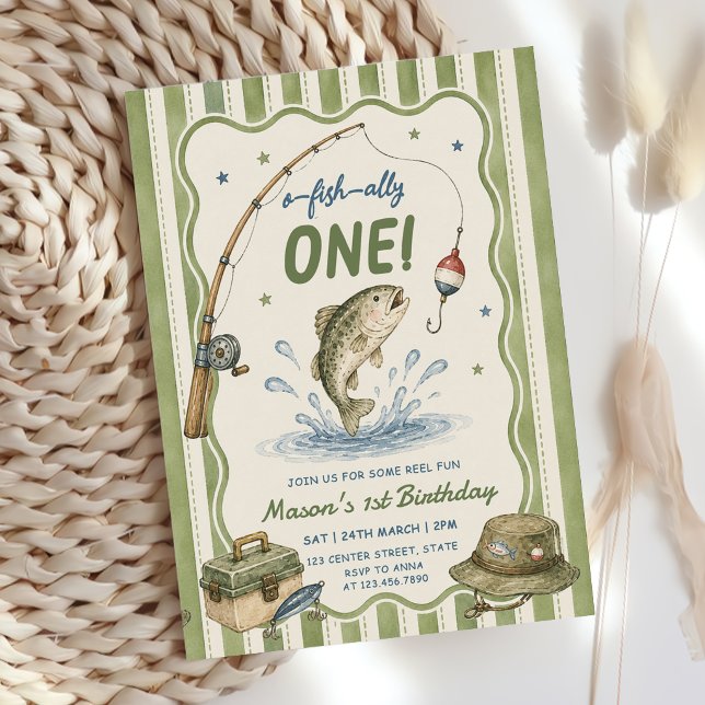Green Stripes O-Fish-Ally One Birthday  Invitation (Creator Uploaded)