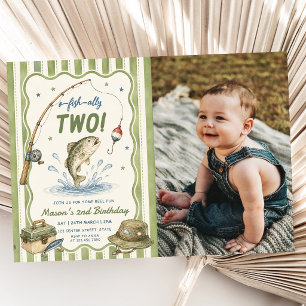 Green Stripes O-Fish-Ally Two Birthday Photo Invitation