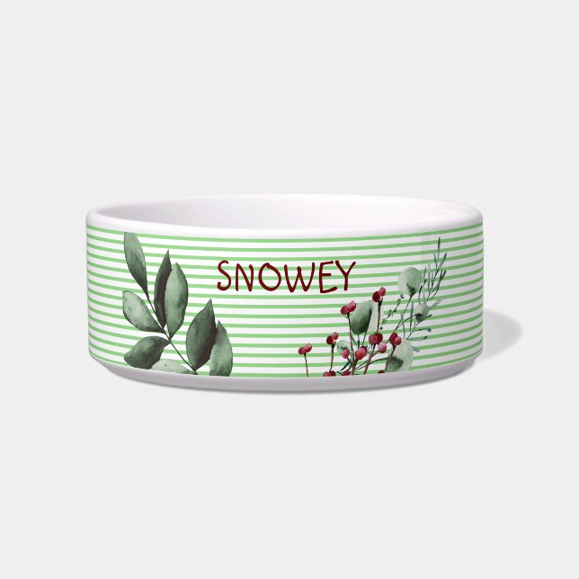 Green Stripes Pattern with Floral | Custom Dog Bowl (Front)