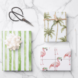 Green Stripes Pink Flamingo Palm Trees Birthday Wrapping Paper Sheet