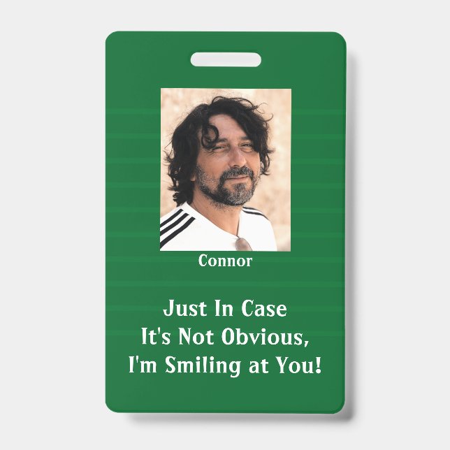 Green Stripes Smiling Behind Your Mask Hello ID Badge (Front)
