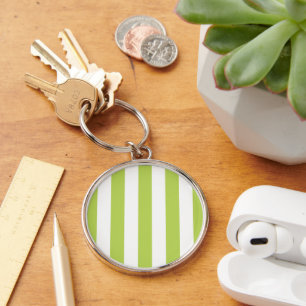 Green Stripes, White Stripes, Striped Pattern Key Ring