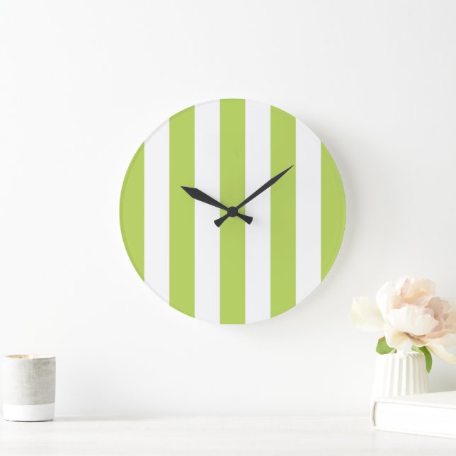 Green Stripes, White Stripes, Striped Pattern Large Clock (Home)