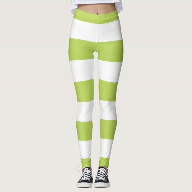 Green Stripes, White Stripes, Striped Pattern Leggings (Front)