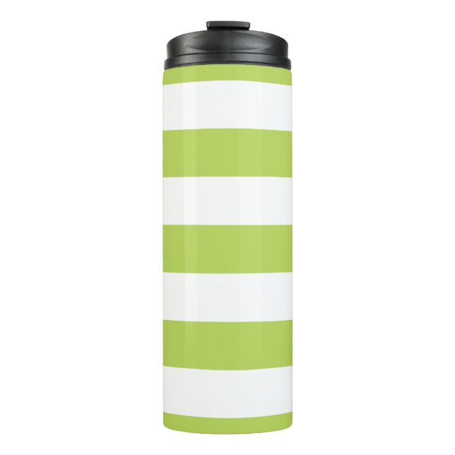 Green Stripes, White Stripes, Striped Pattern Thermal Tumbler (Front)