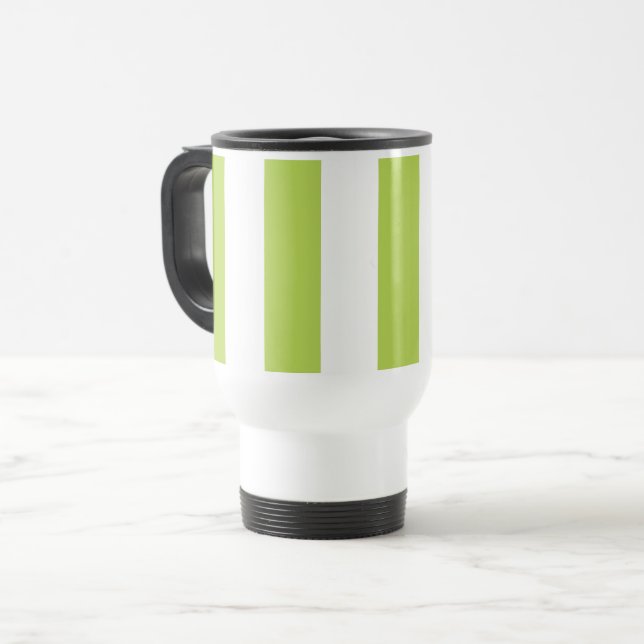 Green Stripes, White Stripes, Striped Pattern Travel Mug (Front Left)