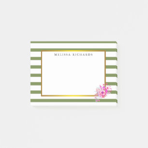Green Stripes with Gold Border Floral Post-it Notes