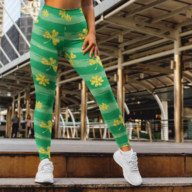 Green Striples Pattern With Golden Clovers Patrick Leggings (Creator Uploaded)