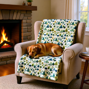 Green Stylised Trees Botanical Print Illustration Fleece Blanket