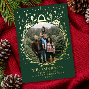 Green Stylish Christmas Foliage Ornament Photo  Foil Holiday Card