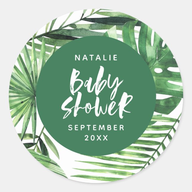 Green stylish tropical foliage modern baby shower classic round sticker (Front)