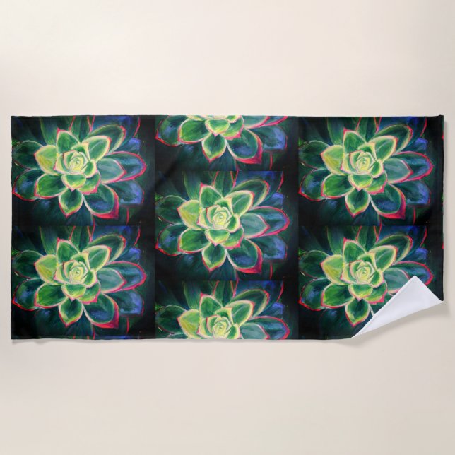Green Succulent Art Drawing Beach Towel (Front)