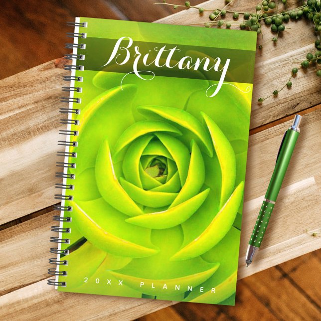 Green succulent cactus photo custom name modern planner (Creator Uploaded)