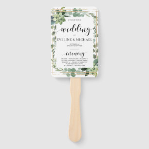 Green succulent floral gold geometric wedding hand fan