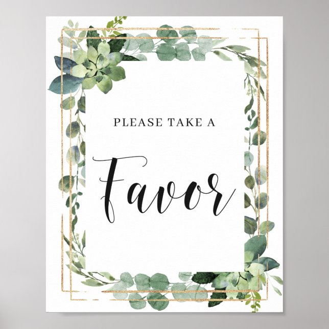 Green Succulent Floral Leaves Gold Favours Sign (Front)