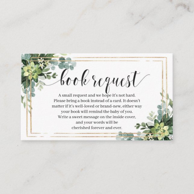Green Succulent Flowers Gold Frame Book Request Enclosure Card (Front)