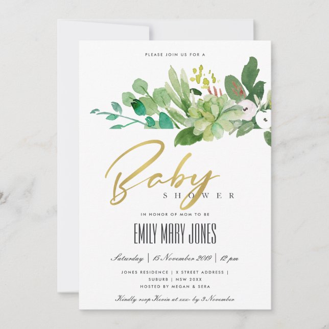 GREEN SUCCULENT FOLIAGE WATERCOLOR BABY SHOWER INVITATION (Front)