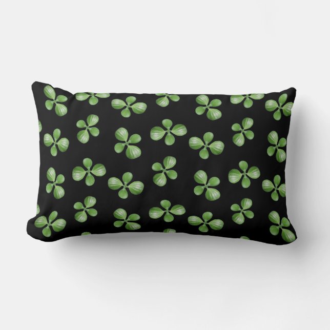 Green Succulent Leaves on Black Lumbar Cushion (Front)