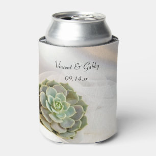 Green Succulent on White Wedding Favour Can Cooler