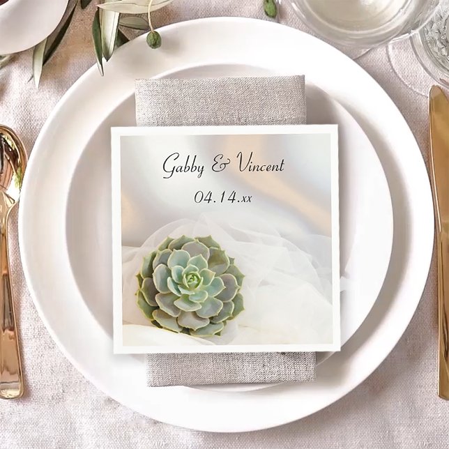 Green Succulent on White Wedding Napkin (Creator Uploaded)