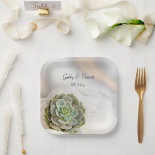 Green Succulent on White Wedding Paper Plate