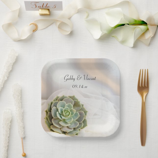 Green Succulent on White Wedding Paper Plate (Wedding)