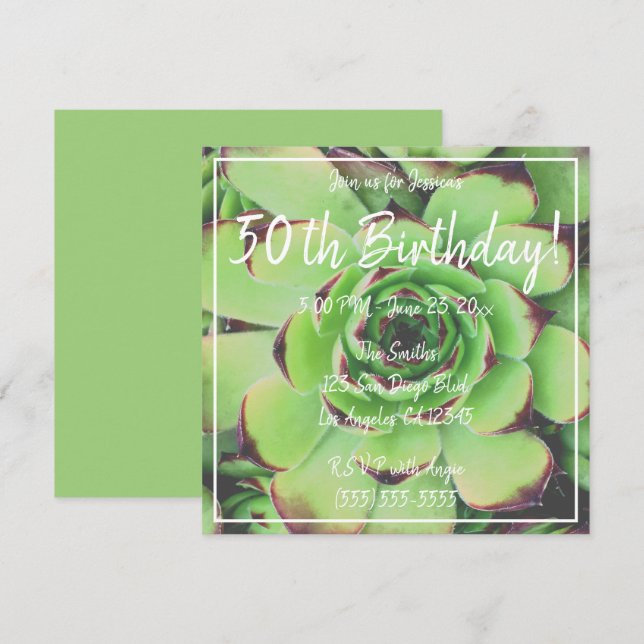Green Succulent Photo 50th Birthday Invitation (Front/Back)