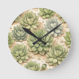Green Succulent Rosette Pattern Round Clock