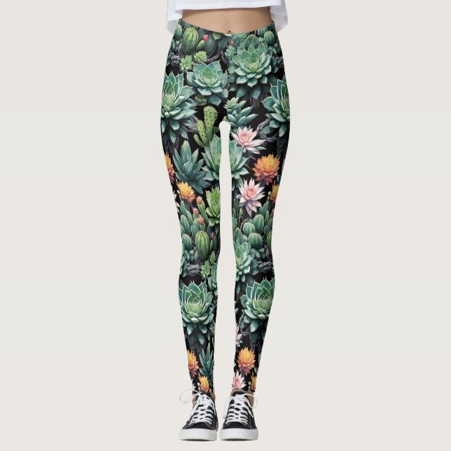 Green Succulents and Blooming Cactus Flowers Black Leggings (Front)