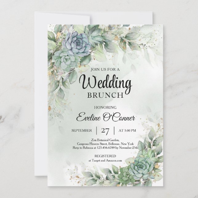 Green succulents and eucalyptus wedding brunch invitation (Front)