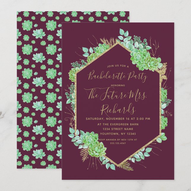 Green Succulents Bachelorette Party Invitation (Front/Back)
