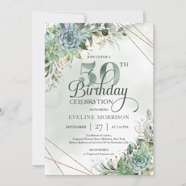 Green succulents eucalyptus faux gold 50th invitation (Front)
