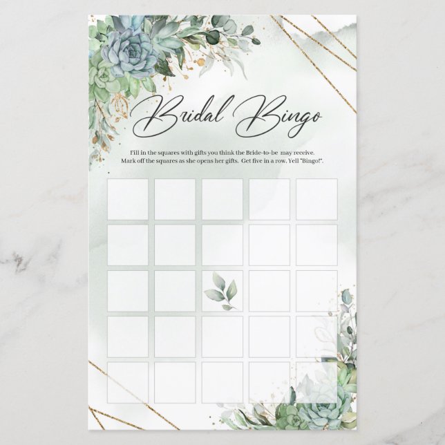 Green succulents eucalyptus gold bridal bingo (Front)